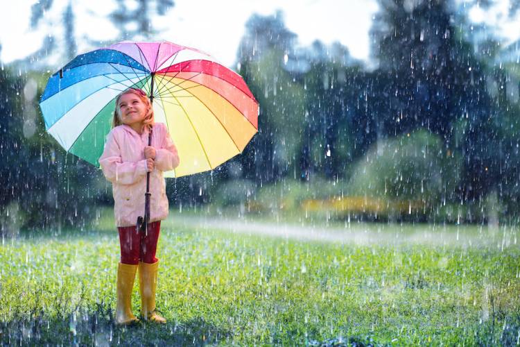 little girl with an umbrella during a rain storm